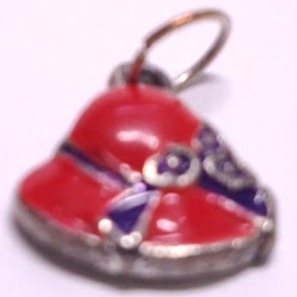 Red Hat Society Charm Pendant Red Purple‎ Bow Enamel Vintage Silver Tone .66"